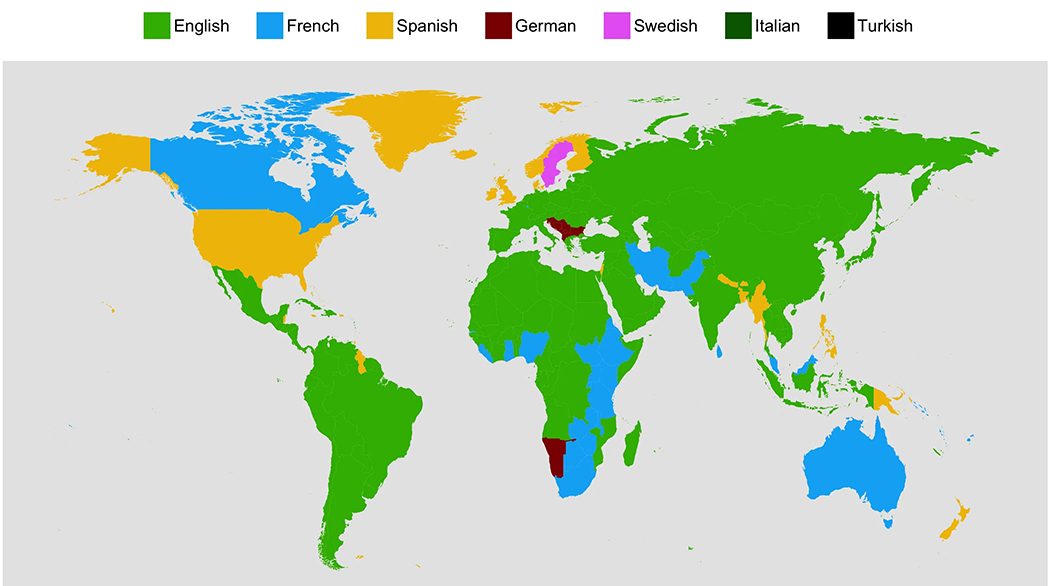 世界說英語的國(guó)家分布圖